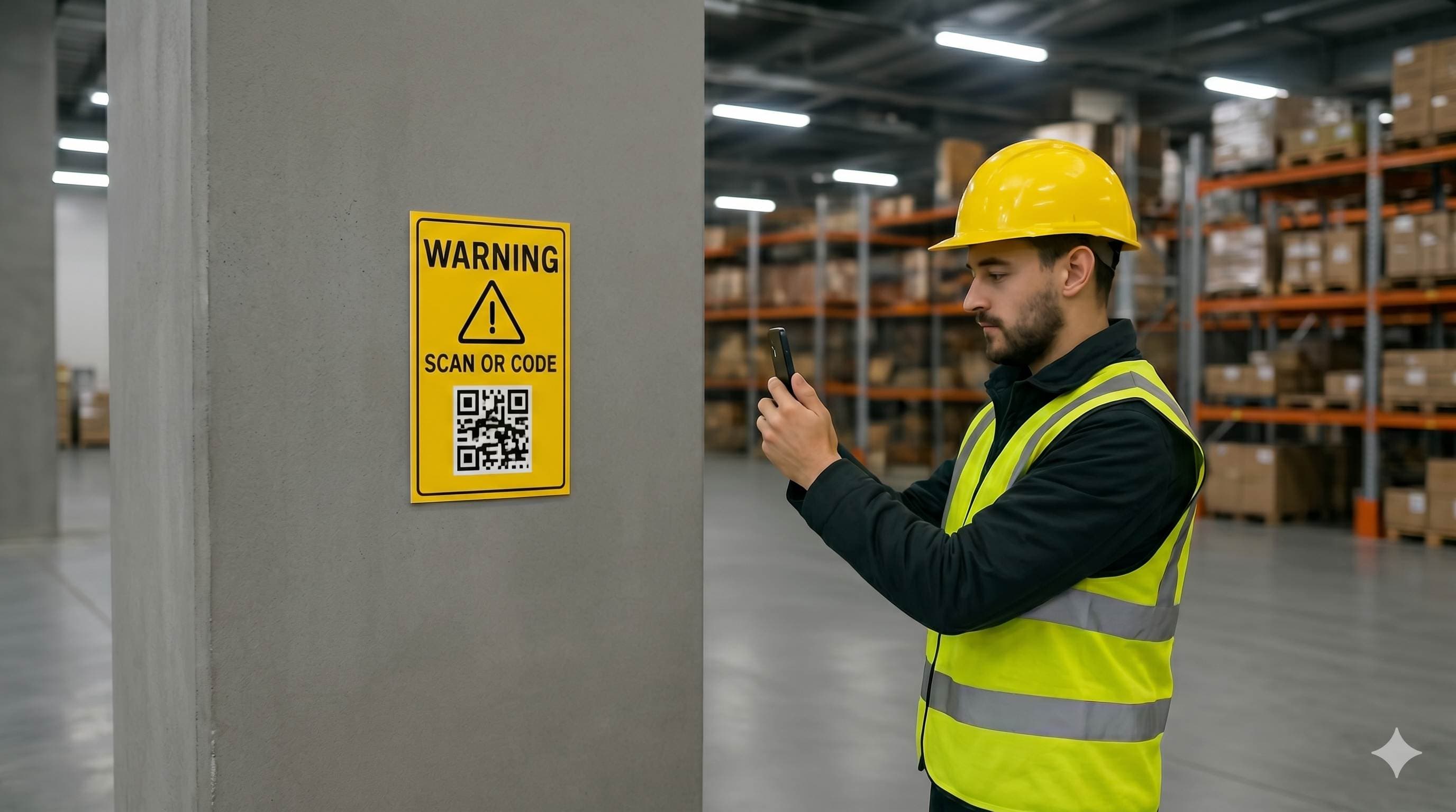 Trabajador escaneando código QR en señalética industrial